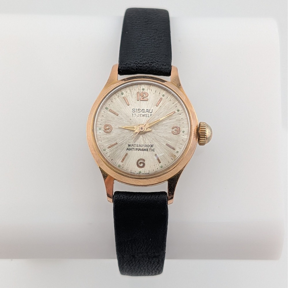 Vintage Sisgau 17J Swiss Manual Wind Watch Rose Gold Tone Sunburst Dial 23mm